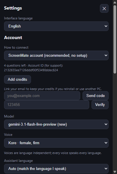 ScreenMate settings: account, voice, language and microphone